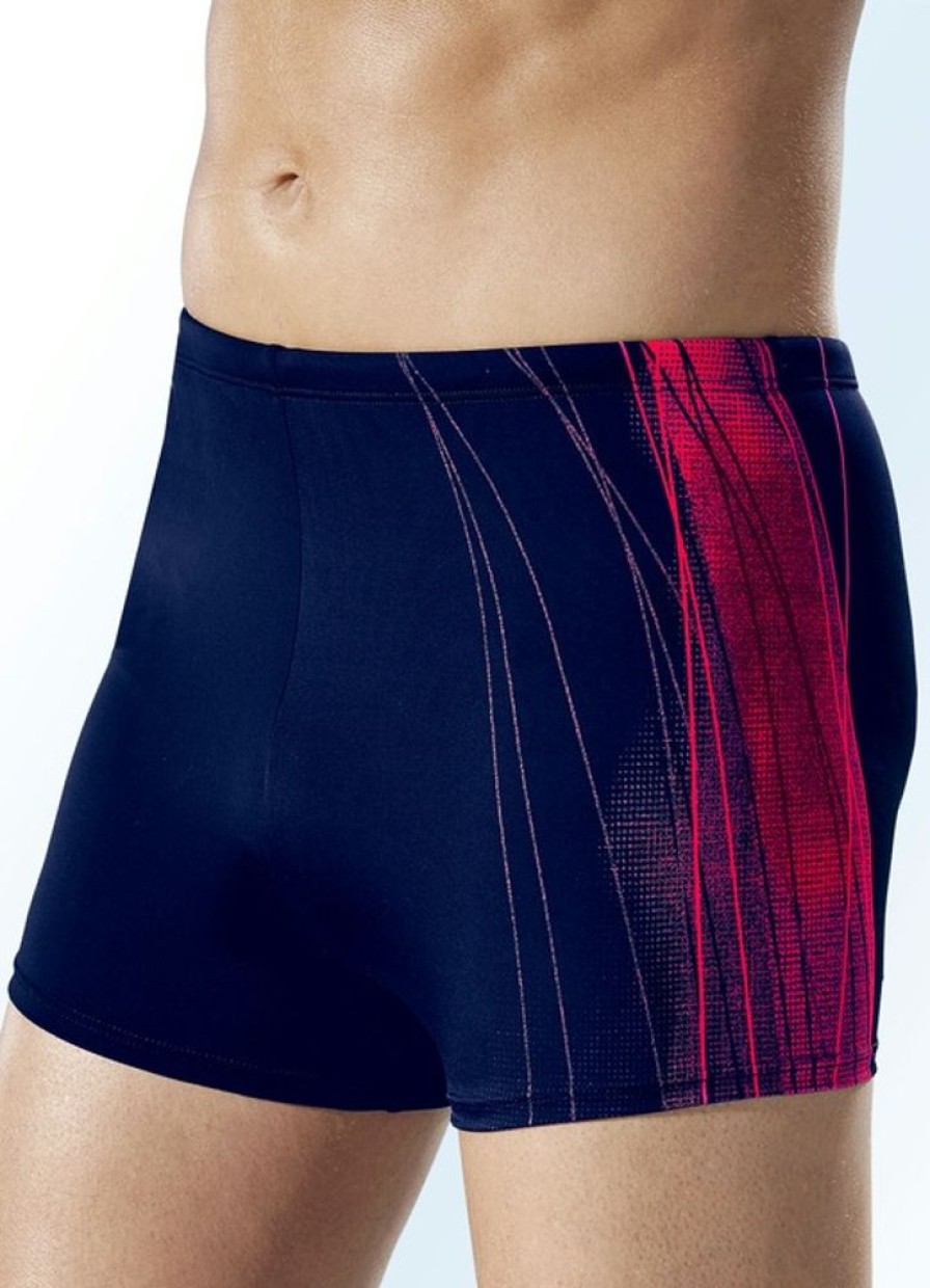 Herrenmode BADER | Naturana Badehose In Hoherer Kastenform Mit Seitlichem Druckdessin